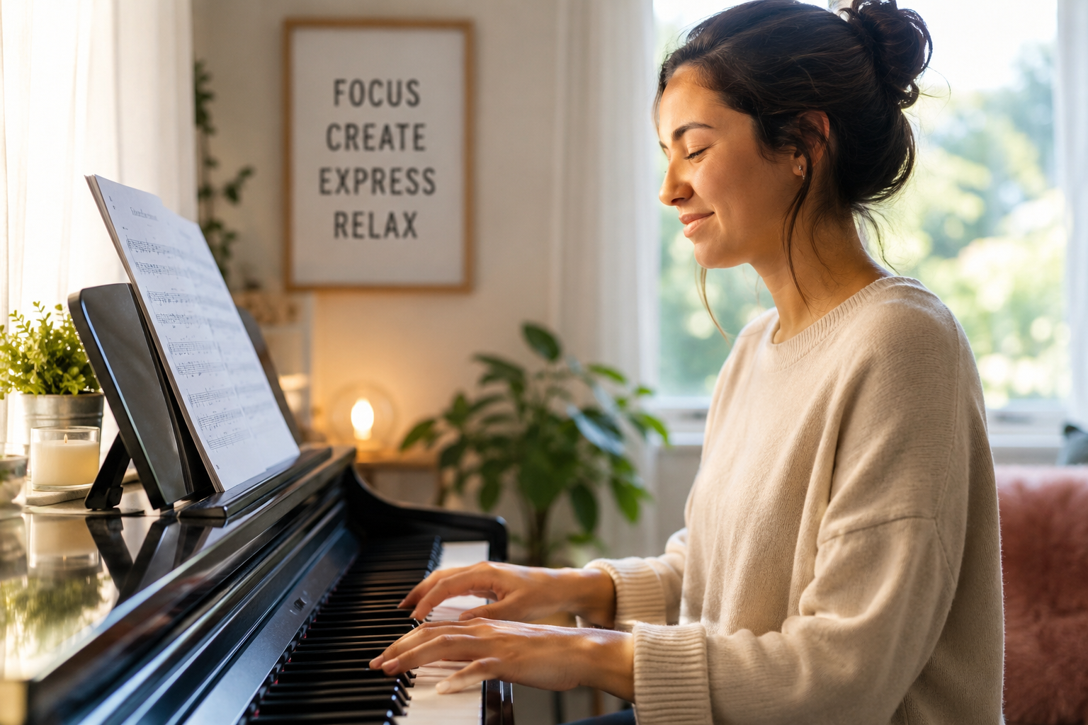 Woman reading sheet music for piano